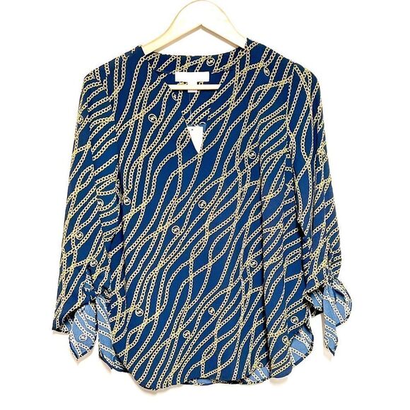 NWT Michael Kors Navy Chain Link Peasant Tie Pullover Top Sz M - Picture 1 of 6